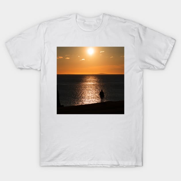 Silhoutte of a Man Watching Sunset by the Sea in Scotland T-Shirt by Danny Wanders